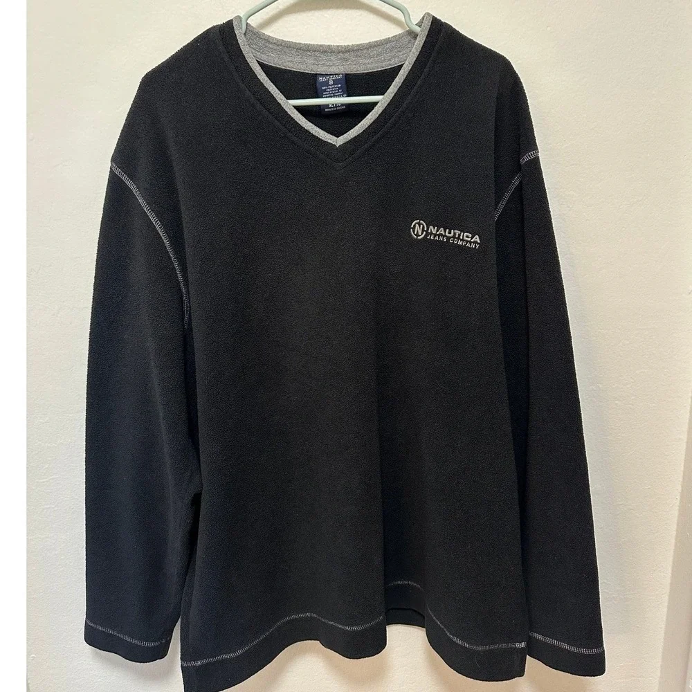 Nautica Jeans Company Vintage Men's‎ Black Fleece V-Neck Pullover Sweater XL